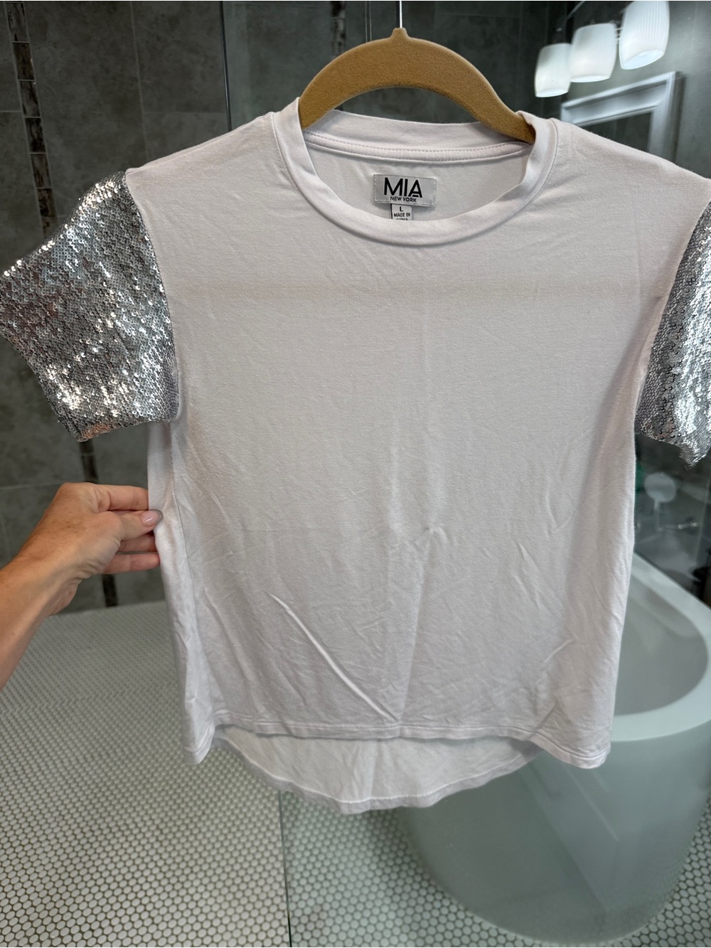 MIA NYC Kids White Tee with Silver Sequin Sleeves